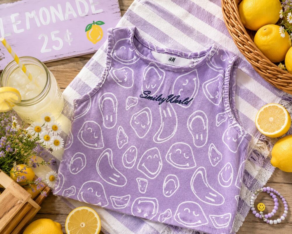 H&M SmileyWorld Purple Ribbed Crop Tank Top Girls 12/14 Cotton